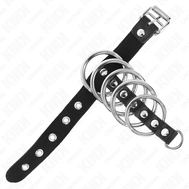 Anello pene in pelle con cinghia di blocco 21 x2 cm e 5 anelli metallici 3-4 cm